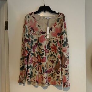 Chico's Floral V-Neck Sweater in Pink and Green Size 3